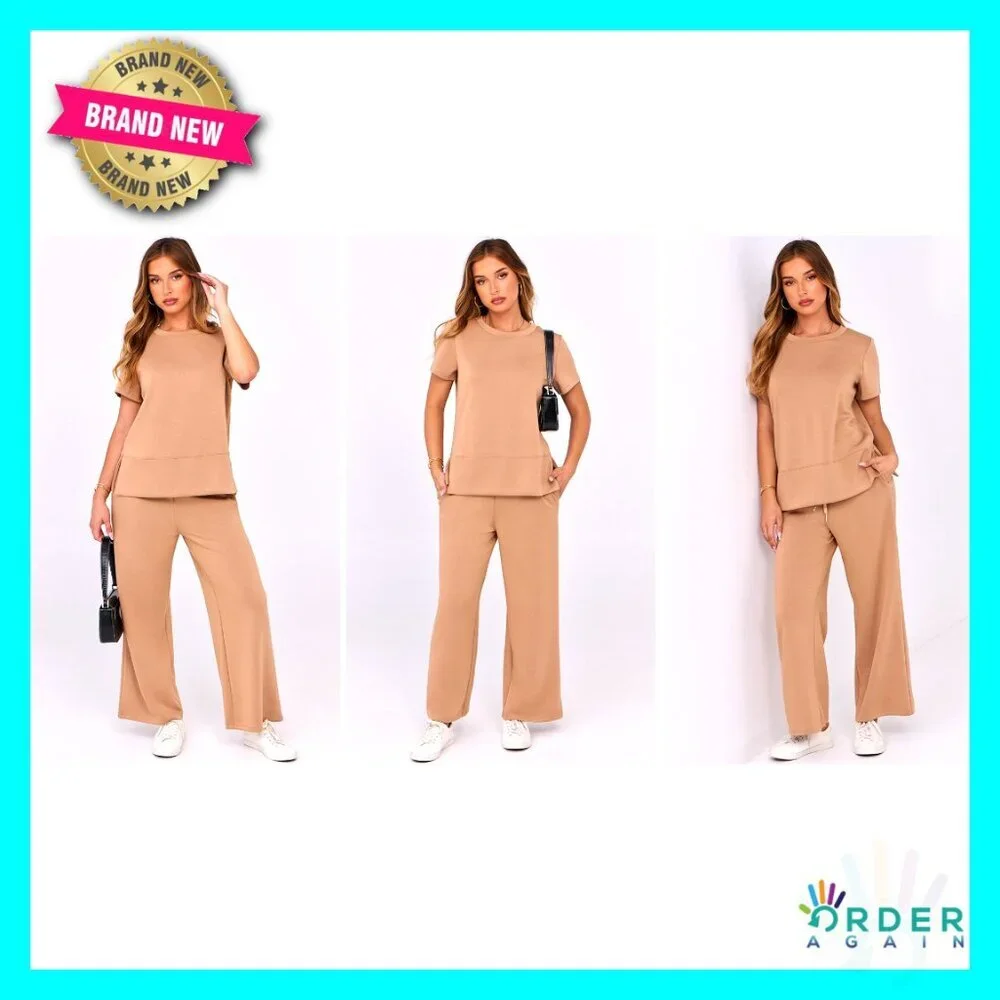 Two Piece Lounge Set Loose Fit Wide Leg Tracksuit Summer Travel Casual Outfit